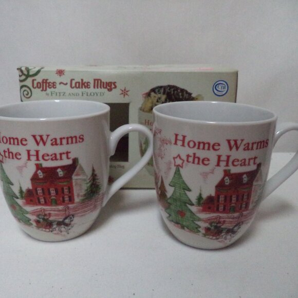 Fitz Floyd Home Warms the Heart Coffee Cake Mugs Holiday Set 2 Christmas NEW NIB - Picture 1 of 13
